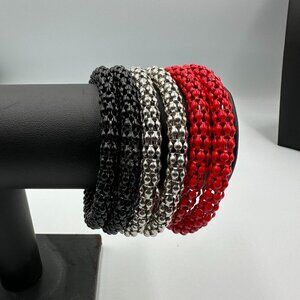 3/$30 Memory Wire Bracelet Red Black Silver Tone Beaded Coil Wrap Chunky 8.25"